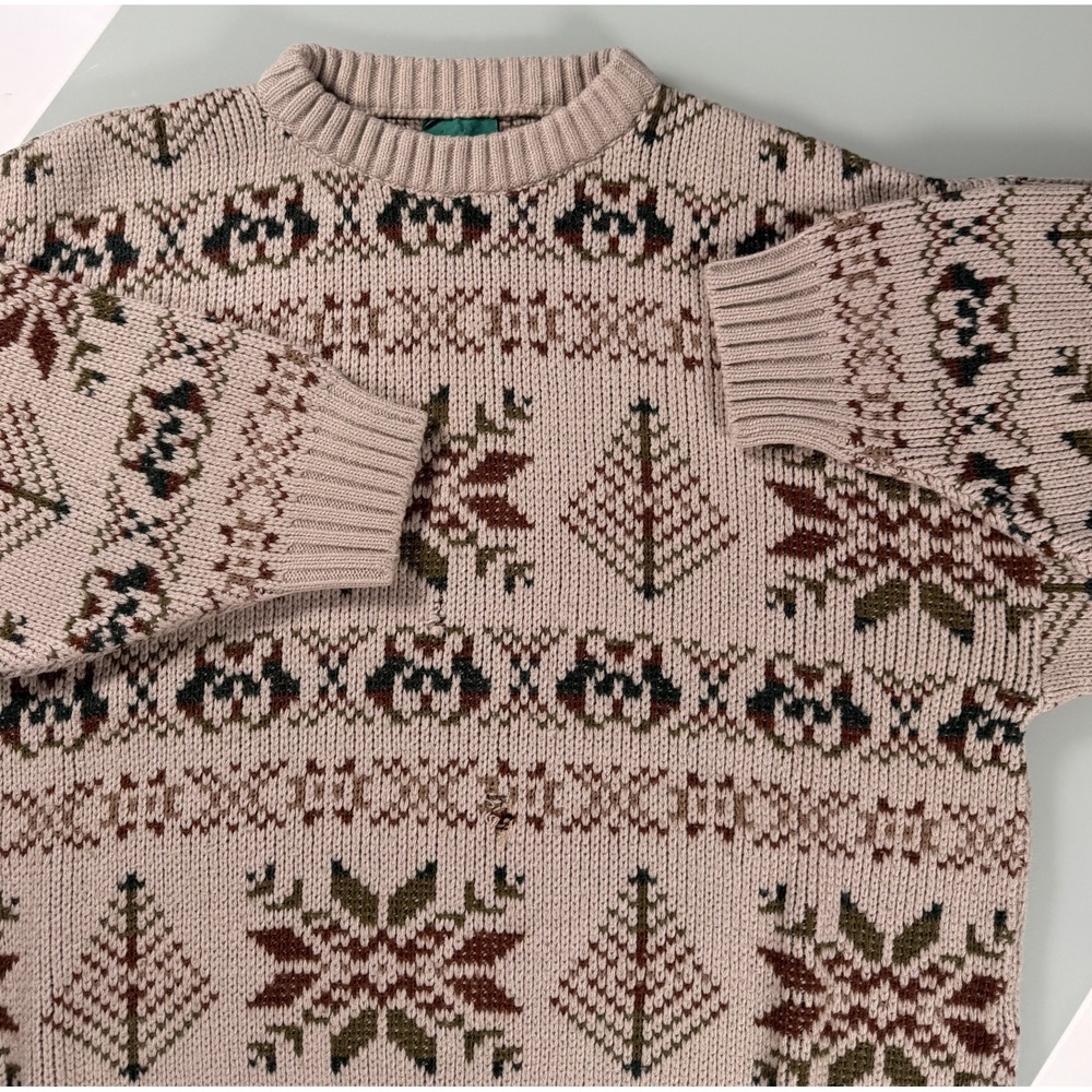 Canda Mens Medium Beige w/ Geometric Pattern Crew‎ Neck Cable Knit Sweater